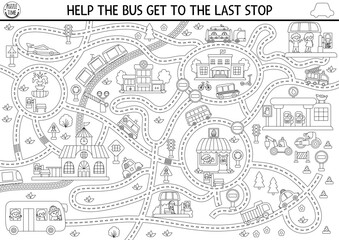 Transportation black and white maze for kids with city landscape, cars, passengers. Transport line preschool printable activity, coloring page. Labyrinth game, puzzle. Help bus get to last stop.