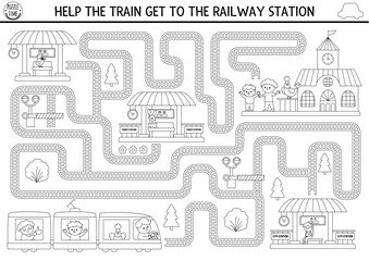 Transportation black and white maze for kids with railroad, driver, passengers. Line transport preschool printable activity. Labyrinth game, puzzle, coloring page. Help train get to railway station © Lexi Claus
