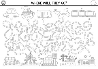 Transportation black and white maze for kids with air, water, land transport. Line preschool printable activity. Labyrinth game, coloring page with car, train, train, plane. Help bus get to last stop.