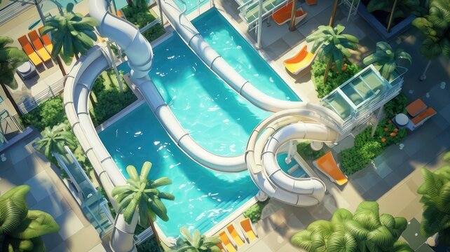 Modern Public Swimming Pool With Waterslides No People Top View Created With Generative AI