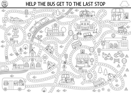 Transportation black and white maze for kids with city landscape, cars, passengers. Transport line preschool printable activity, coloring page. Labyrinth game, puzzle. Help bus get to last stop.