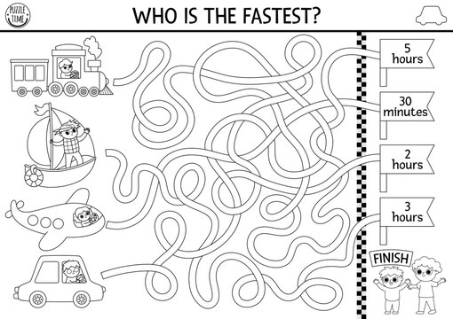 Transportation black and white maze for kids with car, train, boat, plane. Line transport competition preschool printable activity. Labyrinth game or coloring page. Who is the fastest.