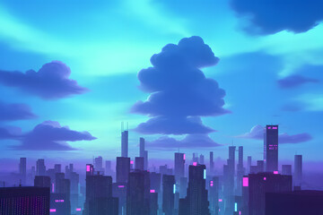 Fototapeta premium Anime cartoon neon game background, app gaming background sky with clouds and bright cyberpunk colours