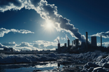 Fototapeta na wymiar Polluted industrial skyline at sunrise: emitting smoke and environmental damage. Cityscape Reflection in Water, Blue Sky and Sunny Clouds 
