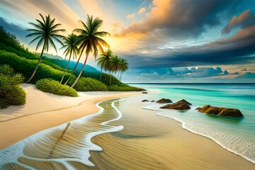 secluded tropical beach where the palm trees provide shade along the shoreline, and the coral reefs create a colorful underwater world