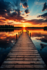 Fototapeta na wymiar Relaxing moment: Wooden pier on a lake with an amazing sunset
