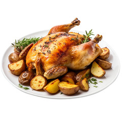 roasted chicken with potatoes and vegetables on white background