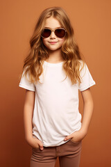 Fototapeta premium design mockup: blond girl with long hair and sunglasses with white blank T-shirt on a brown background