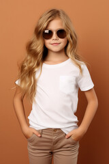 Fototapeta premium design mockup: blond girl with long hair and sunglasses with white blank T-shirt on a brown background