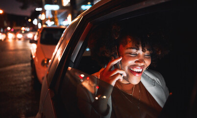 Happy black woman, phone call and travel at night in city taxi for communication, conversation or...