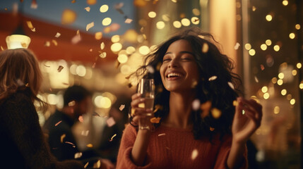 Young women blowing confetti from hands. Friends celebrating outdoors in evening at a terrace  generative Ai