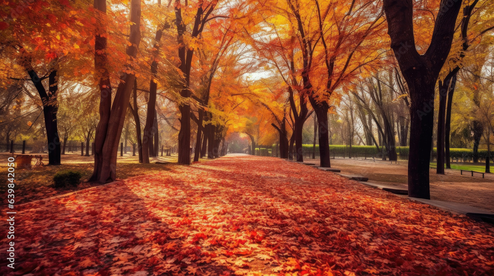 Wall mural autumn forest path. orange color tree, red brown maple leaves in fall city park. generative ai