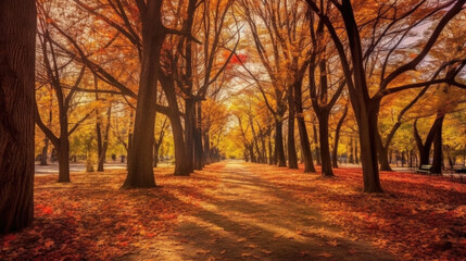 Fototapeta premium Autumn forest path. Orange color tree, red brown maple leaves in fall city park. Generative Ai