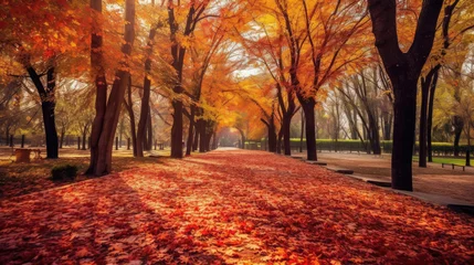 Photo sur Plexiglas Brique Autumn forest path. Orange color tree, red brown maple leaves in fall city park. Generative Ai