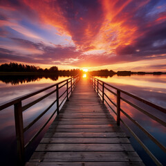 Fototapeta premium Relaxing moment: Wooden pier on a lake with an amazing sunset