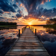 Fototapeta premium Relaxing moment: Wooden pier on a lake with an amazing sunset