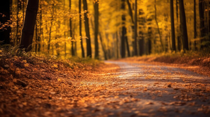 Autumn forest road in autumn leaves background. morning sunlight. Generative Ai