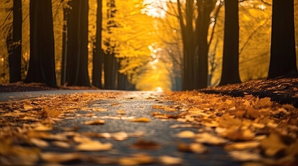 Naklejka na ściany i meble Autumn forest road in autumn leaves background. morning sunlight. Generative Ai