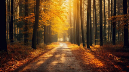 Autumn forest road in autumn leaves background. morning sunlight. Generative Ai