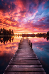 Obraz premium Relaxing moment: Wooden pier on a lake with an amazing sunset