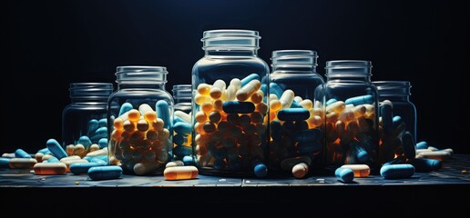Scattered from a jar of pills, capsules, drugs, multi-colored vitamins