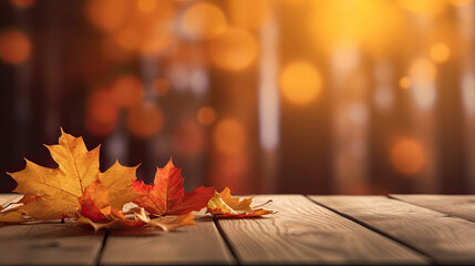 Naklejka na ściany i meble Autumn maple leaves on wooden table for fall blurred background. Generative Ai