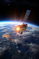 Space satellite orbiting Earth at sunrise