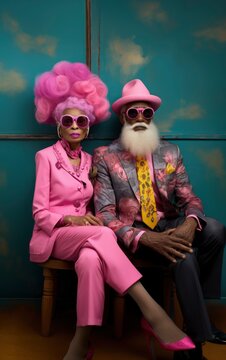 African American senior couple fashionably dressed. Urban culture background. Ai generated image