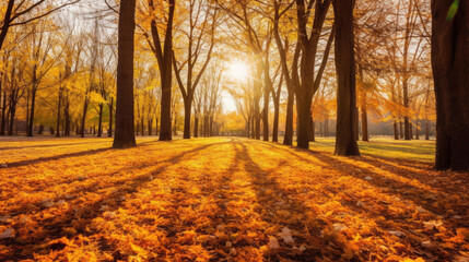 Obraz premium Autumn, Golden autumn scene in a park, with falling leaves, the sun shining through the trees and blue sky. morning sunlight. Generative Ai