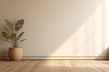 Fototapeta na wymiar Blank beige brown wall in house with dry plant in wooden basket pot, baseboard on wooden parquet in sunlight for luxury interior design decoration generative AI