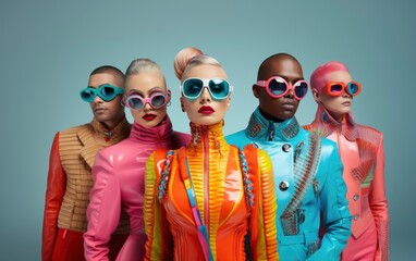 Futuristic young people in extravagant colorful clothes. Generation Z background. Ai generated image