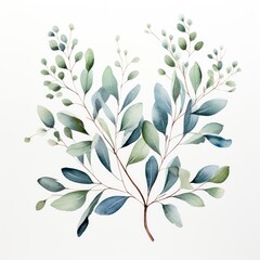 A delicate watercolor botanical illustration of a eucalyptus branch, capturing its slender leaves and muted green hues