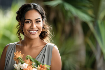 Woman in her 30s wearing bridesmaid dress posing outdoors.