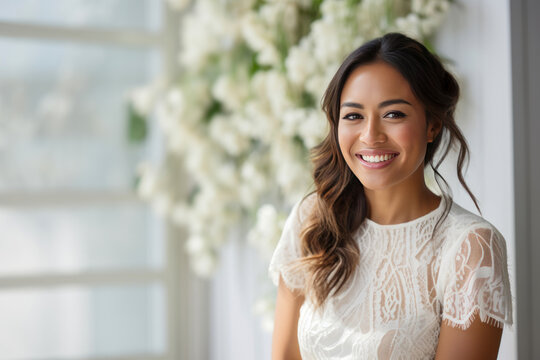 Woman posing in front of a colorful floral backdrop.