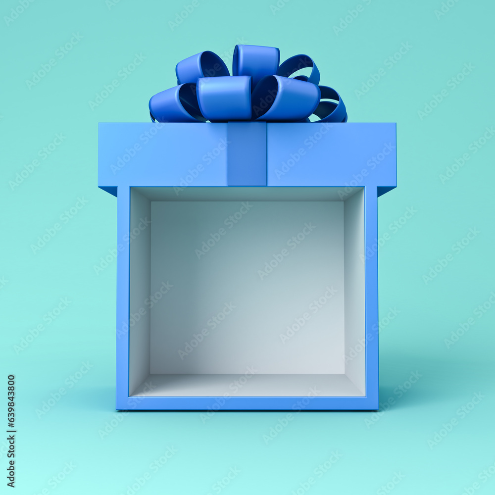 Leinwandbilder blank blue gift box showcase display mock up stand with blue ribbon bow isolated on blue pastel colo
