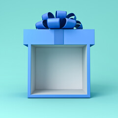 Blank blue gift box showcase display mock up stand with blue ribbon bow isolated on blue pastel color background with shadow minimal conceptual 3D rendering