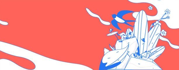 24 solar terms, beginning of spring, rain, stung, spring breeze, qingming, valley rain, flat character vector concept, operation, hand-painted illustration
