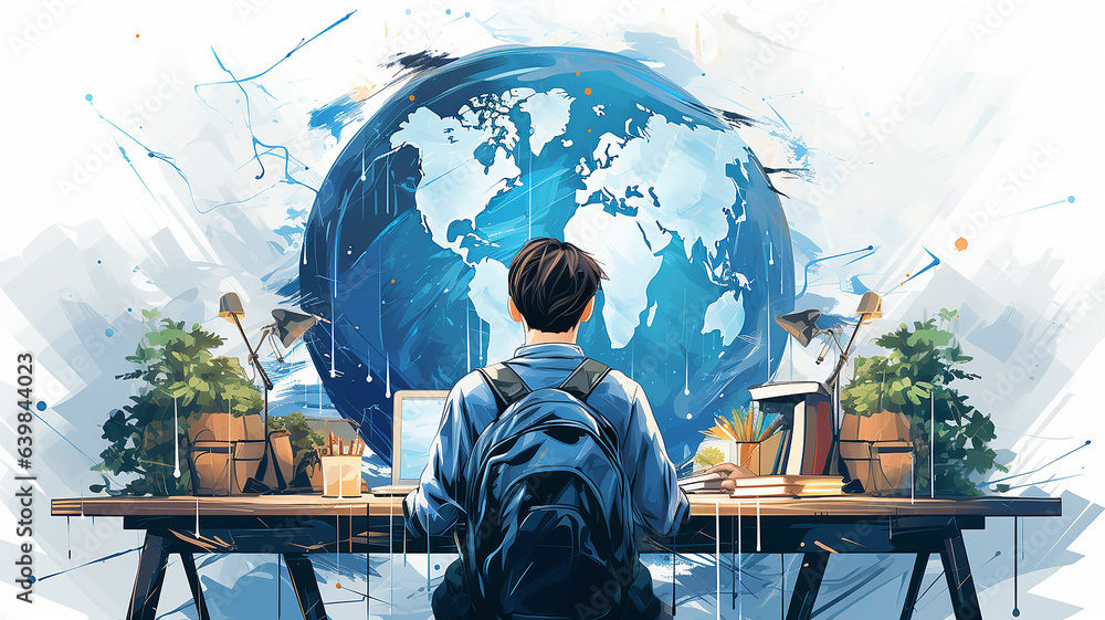 Poster student at the table view from the back learning global drawing picture graphics
