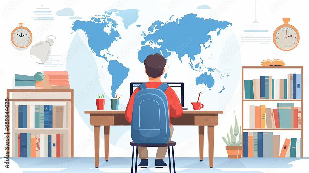 Poster student at the table view from the back learning global drawing picture graphics
