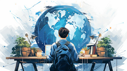 student at the table view from the back learning global drawing picture graphics - obrazy, fototapety, plakaty