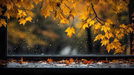 rain outside the window in the landscape of autumn park and yellow leaves.