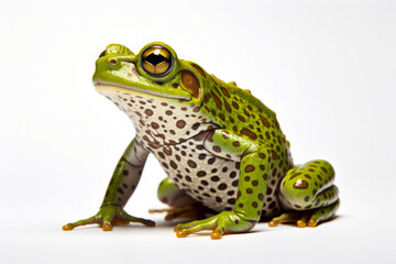 Frog with large eye sitting on white surface.