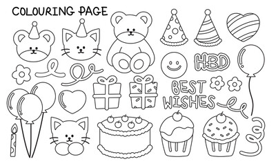 Outlines of teddy bear, cat, party hat, balloon, cake, cupcake, gift box, flowers for birthday party icon, kid colouring book, cartoon character, comic, mascot, tattoo, card print, sticker, animals