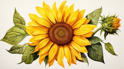 A detailed watercolor botanical illustration of a sunflower, capturing its iconic yellow petals and textured center