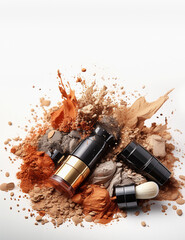 Fototapeta premium Diverse cosmetic powder explosion with make up brushes at white background