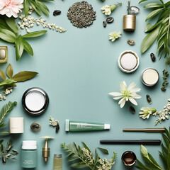 Beautiful flat lay frame made with natural cosmetics and skin care product with green leaves , flowers and petals on pale blue background, top view