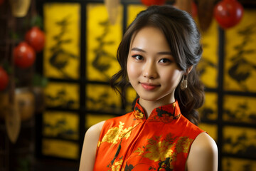 Chinese girl wearing Chinese New Year cheongsam costume with Chinese New Year background.