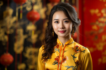 Chinese girl wearing Chinese New Year yellow cheongsam costume with Chinese New Year background.