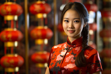 Obraz premium Chinese girl wearing Chinese New Year cheongsam costume with Chinese New Year background.