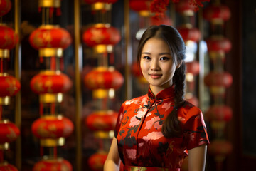 Obraz premium Chinese girl wearing Chinese New Year red cheongsam costume with Chinese New Year background.
